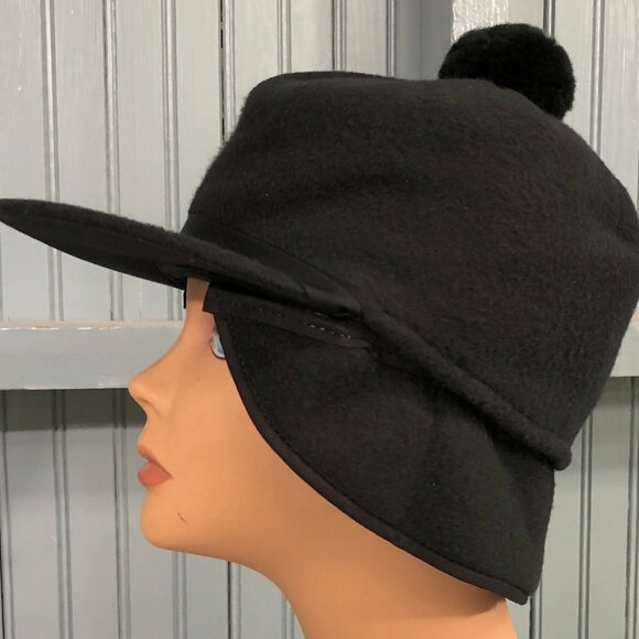 Black Fleece Hunting Trapper Pom Made In USA Ear Flaps 7 3/8 Langenberg Hat Cap - Picture 1 of 10